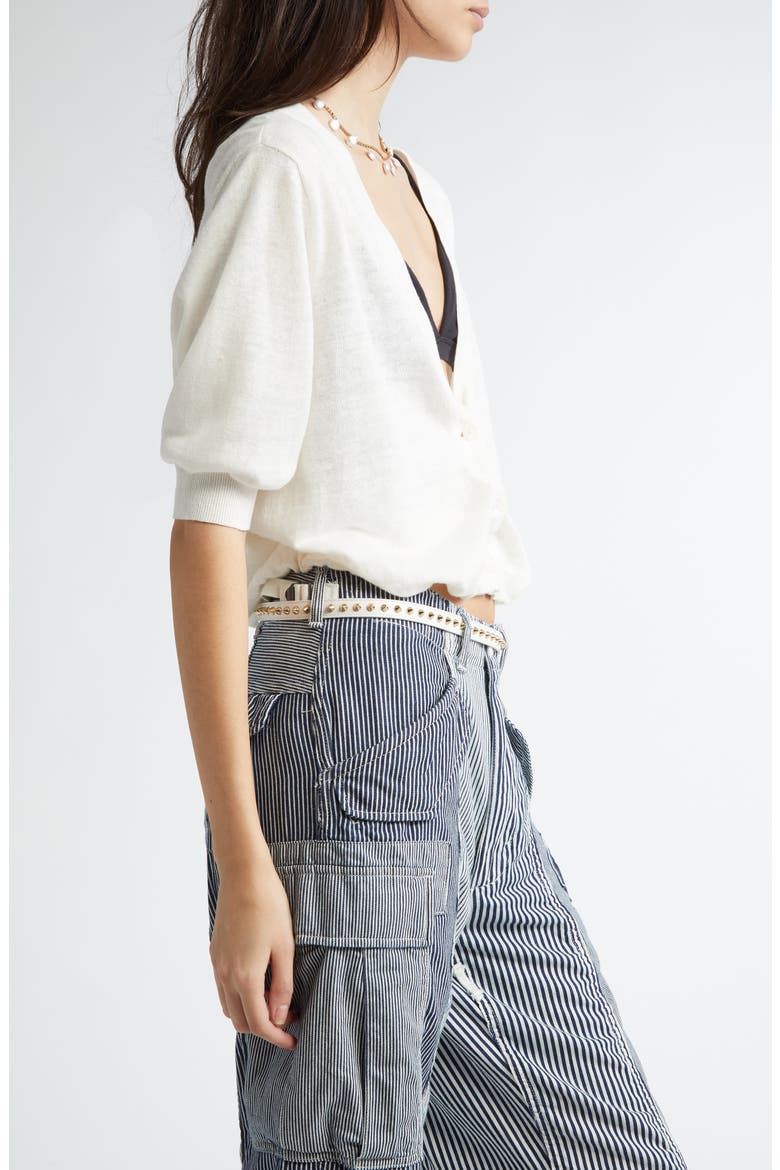 Elbow Sleeve Balloon Bubble Hem Linen Cardigan, Alternate, color, ECRU