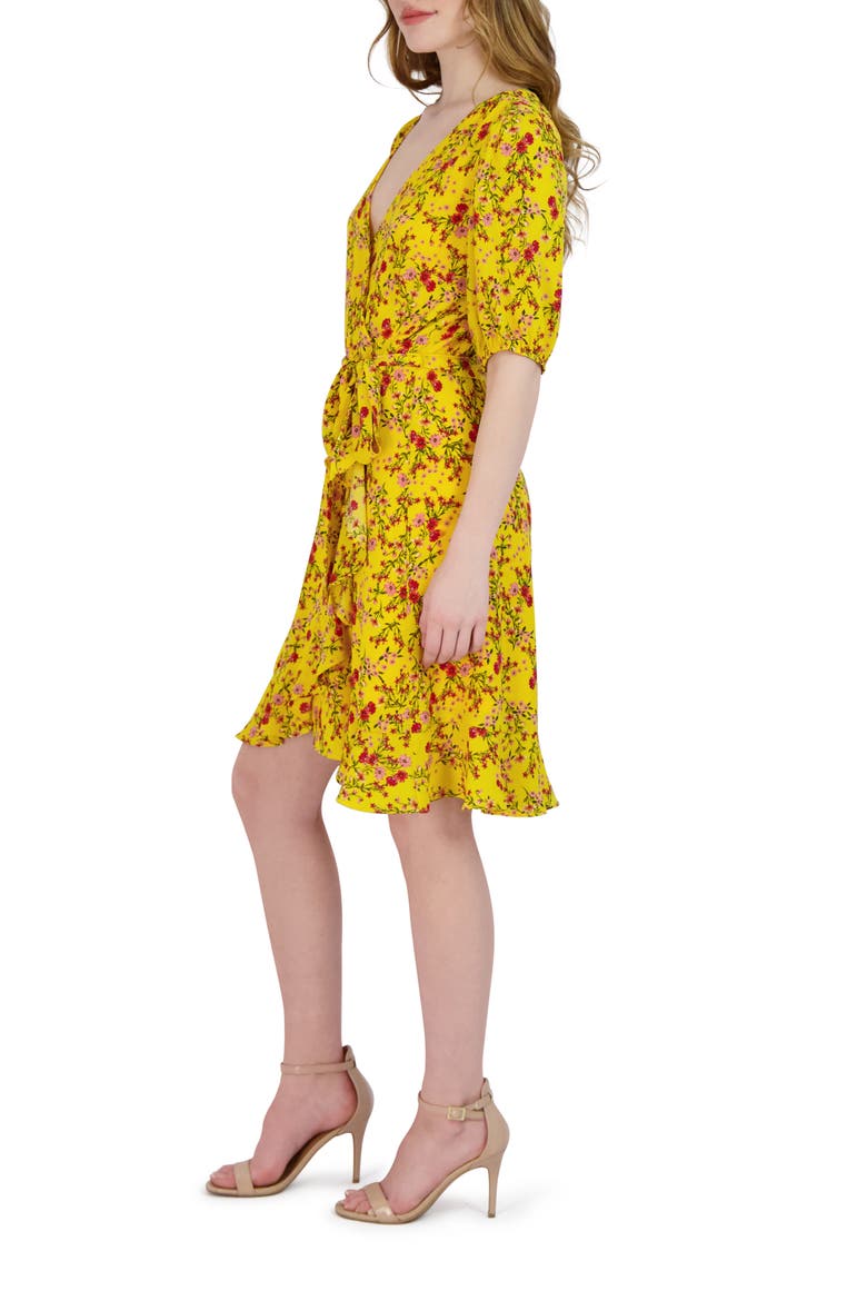 Puff Sleeve Floral Faux Wrap Dress, Alternate, color, YELLOW MUL