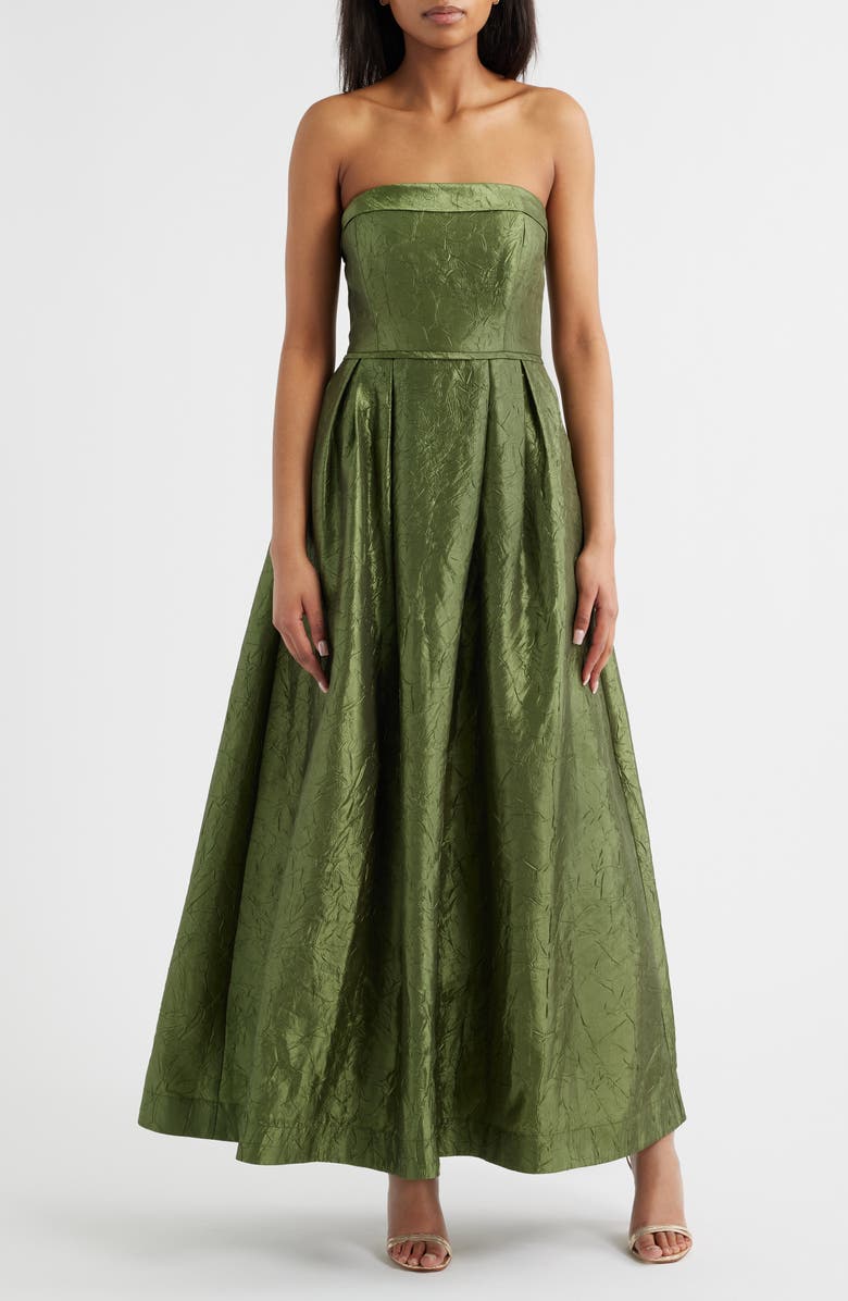 Tahari ASL Crushed Taffeta Strapless Gown, Main, color, Desert Olive