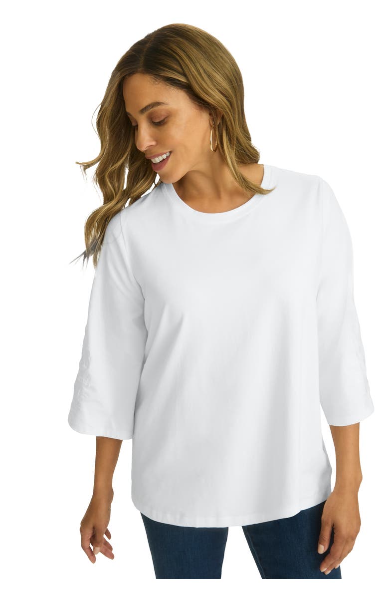 Jessica London Stretch Floral Embroidered Tee, Main, color, White Embroidery