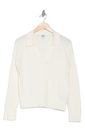 525 Maddi Johnny Collar Cotton Blend Polo Sweater In Chalk
