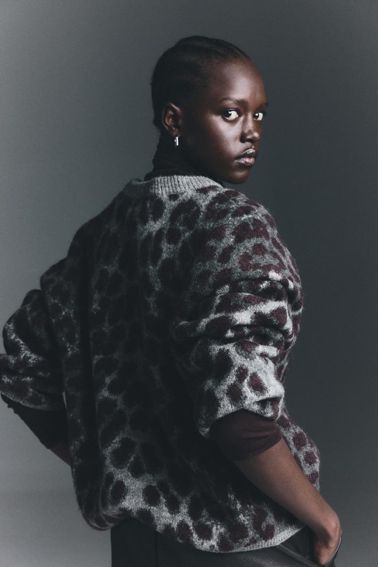 Jacquard-knit Jumper, Alternate, color, Gray/leopard print