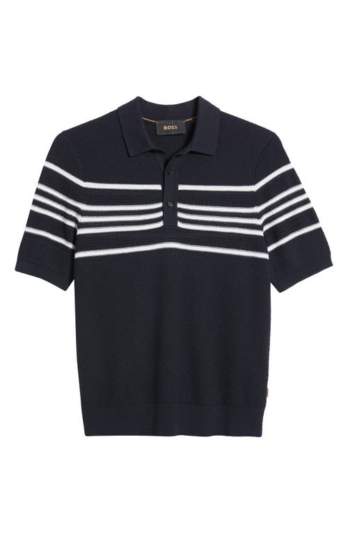 Hugo Boss Knit Polo In Silk And Cotton With Stripe Details In Dark Blue