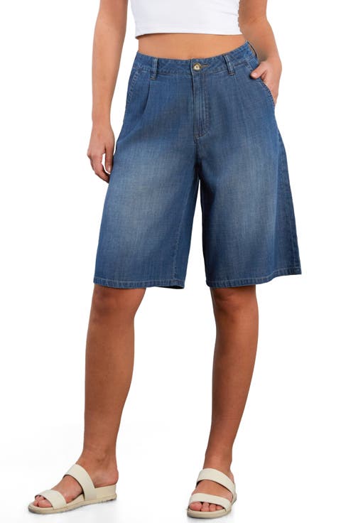Chill Pleated Mid Rise Denim Bermuda Shorts