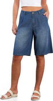 HINT OF BLU Chill Pleated Mid Rise Denim Bermuda Shorts