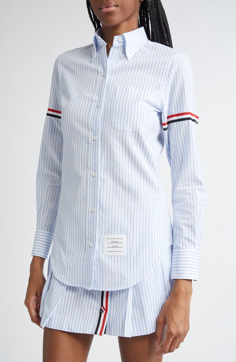 Thom Browne Classic Stripe Cotton Poplin Button-Down Shirt, Alternate, color, Light Blue