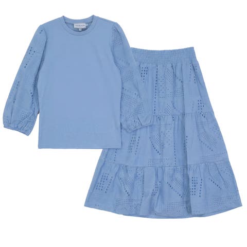 Embroidered Puff Sleeve Top & Tiered Skirt 2-Piece Set