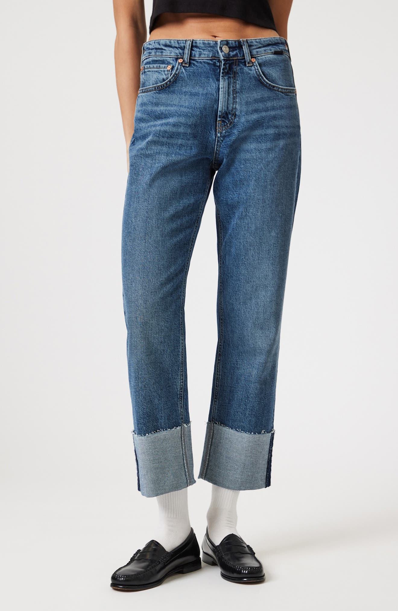 Savannah Cuff High Waist Raw Hem Wide Leg Jeans