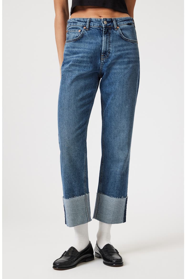 Savannah Cuff High Waist Raw Hem Wide Leg Jeans, Main, color, SHADED CLASSIC BLUE