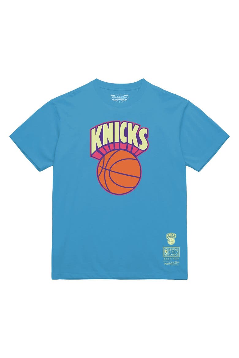 Men's Mitchell & Ness Light Blue New York Knicks Hardwood Classics Arctic Sunset Neon Retro Logo T-Shirt, Alternate, color, Light Blue