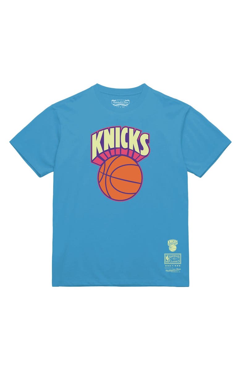 Mitchell & Ness Men's Mitchell & Ness Light Blue New York Knicks Hardwood Classics Arctic Sunset Neon Retro Logo T-Shirt, Alternate, color, Light Blue
