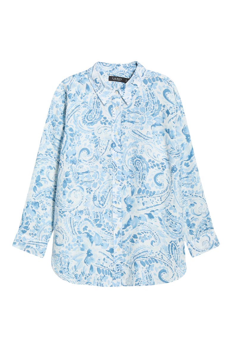 Paisley Print Linen Button-Up Shirt, Alternate, color, WHITE/ BLUE
