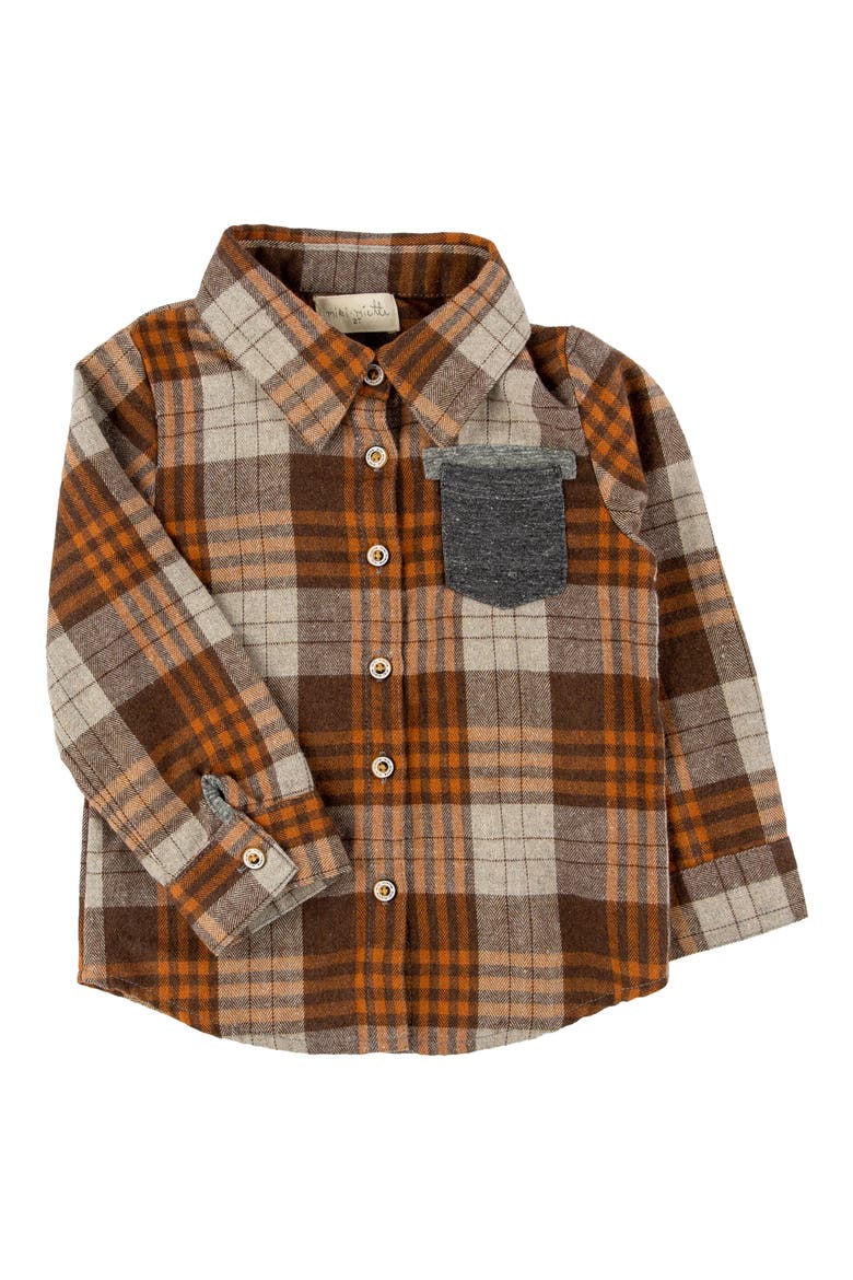 Kid's Jacob Plaid Cotton Flannel Button-Up Shirt, Main, color, BROWN