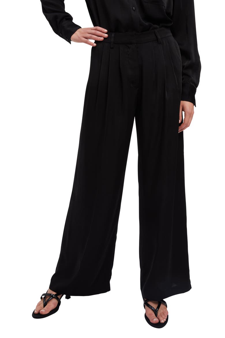 Lena Pleat Front Satin Pants, Main, color, BLACK