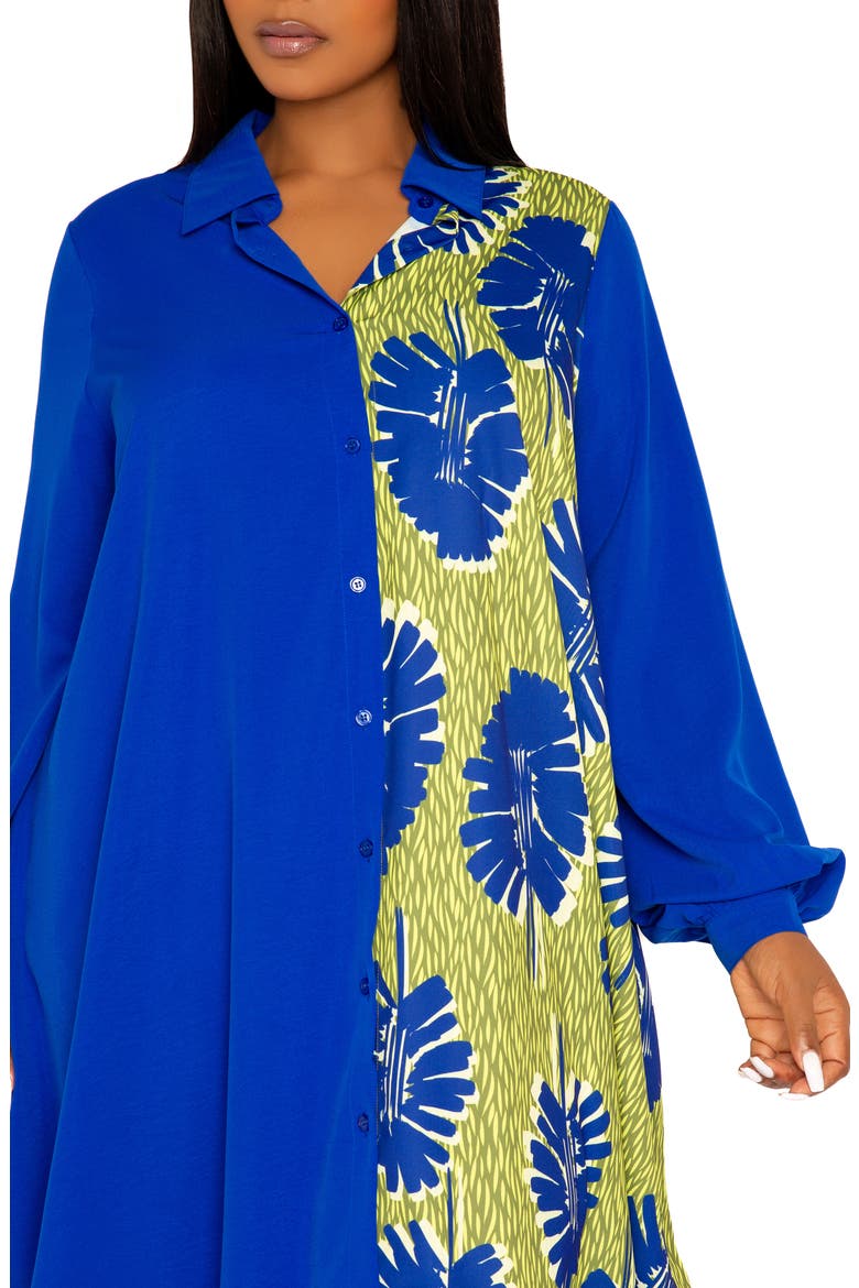 Solid & Print Long Sleeve Asymmetric Maxi Shirtdress, Alternate, color, BLUE MULTI