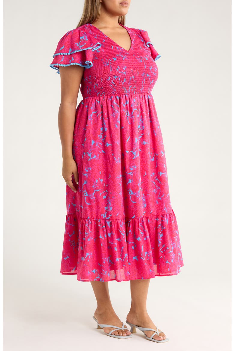 Delina Floral Smock Bodice Cotton Dress, Alternate, color, PINK/ BLUE