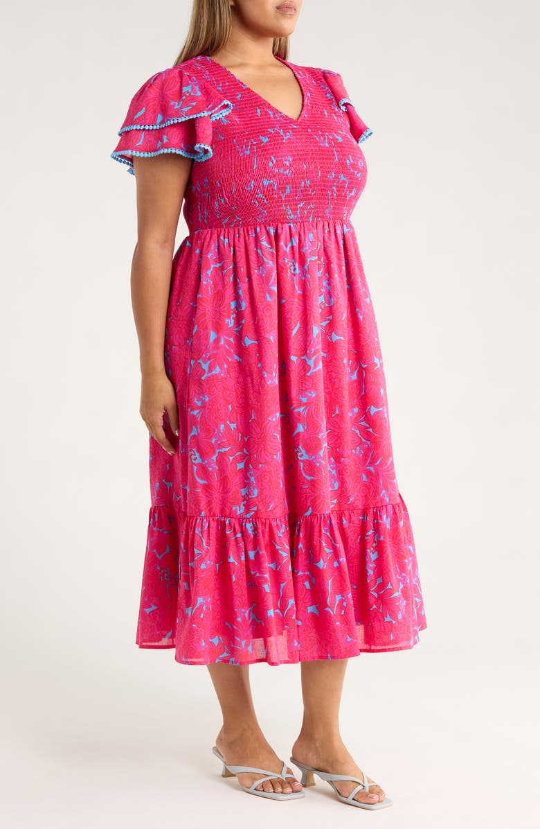 SUGARLIPS Delina Floral Smock Bodice Cotton Dress, Alternate, color, Pink/ Blue