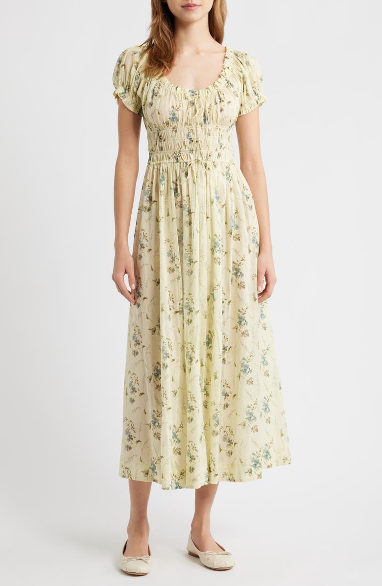 DÔEN Ashlynn Floral Organic Cotton Voile Midi Dress, Main, color, Sunshine Prairie Rose