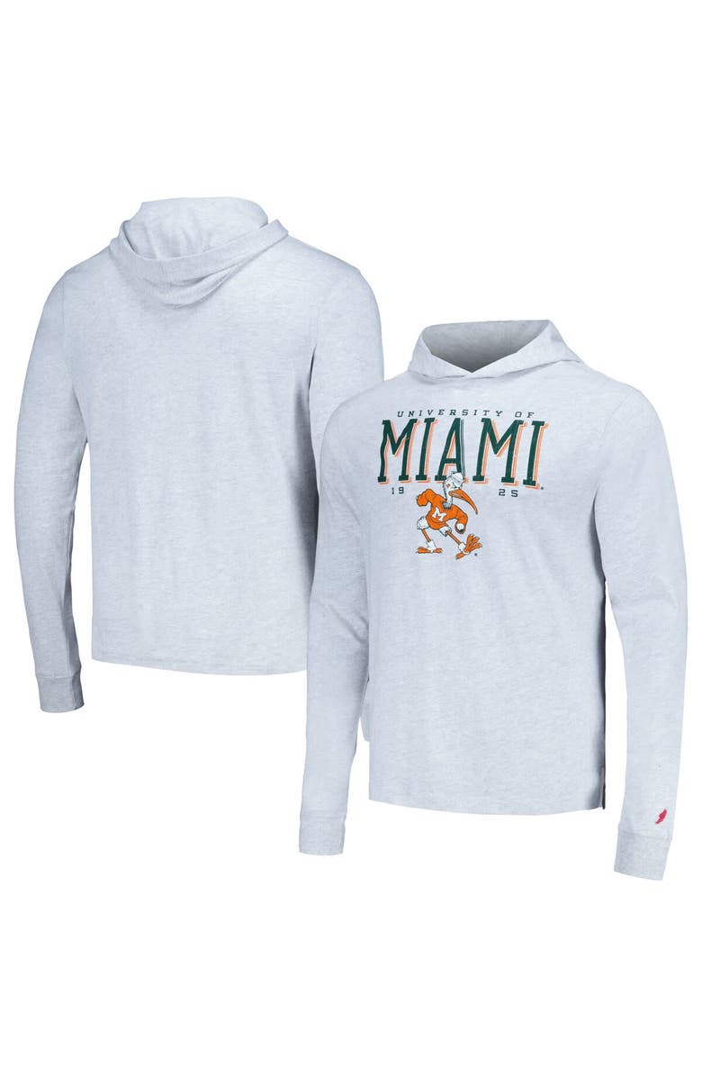 LEAGUE COLLEGIATE WEAR Men's League Collegiate Wear Ash Miami Hurricanes Team Stack Tumble Long Sleeve Hooded T-Shirt, Main, color,