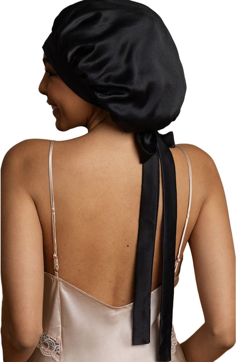 SILKSILKY Women's Mulberry Silk Bonnet with Long Ribbons, Main, color, Black