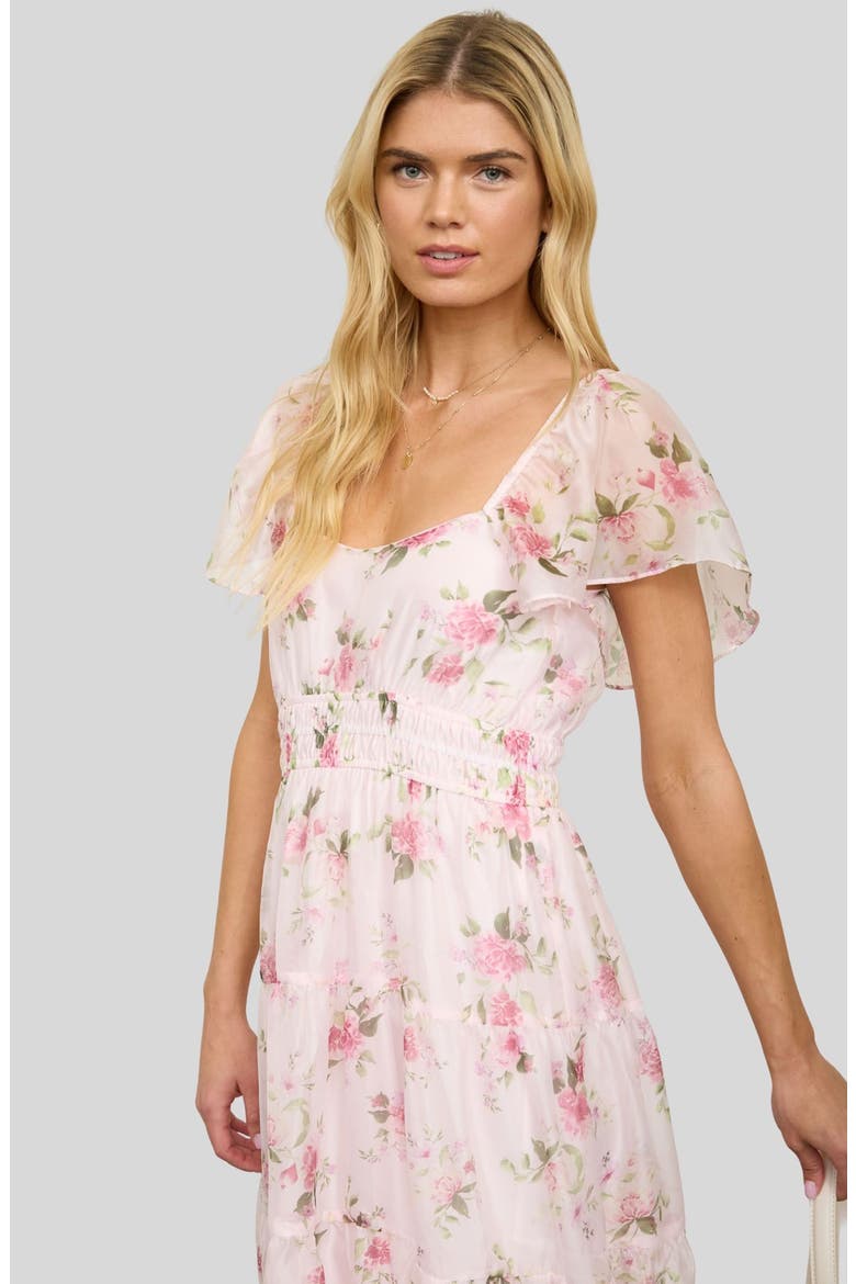 Flutter Sleeve Floral Midi Dress, Alternate, color, PINK MULTI