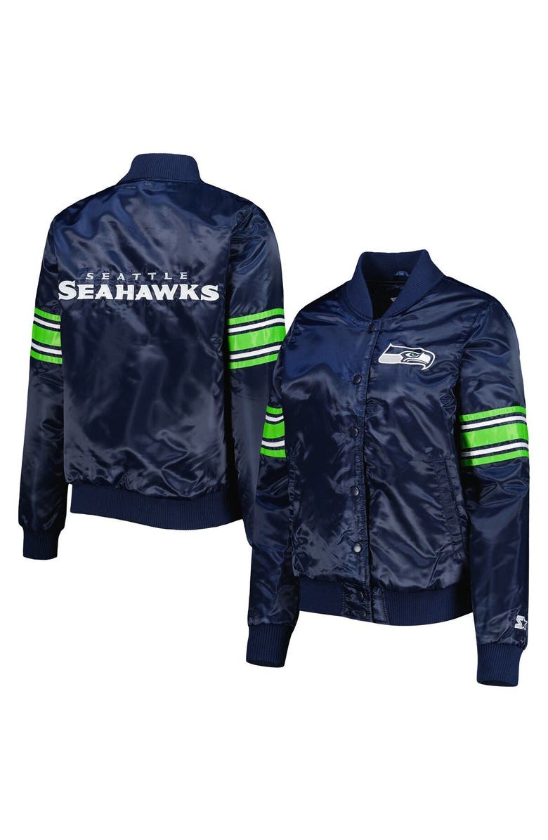 STARTER Women's Starter College Navy Seattle Seahawks Line Up Satin Full-Snap Varsity Jacket, Main, color, Navy