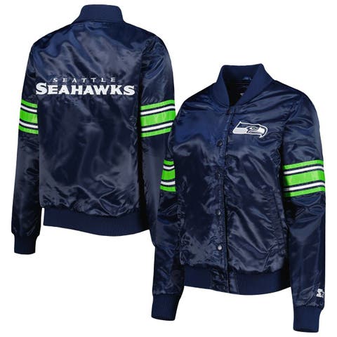 Women's Starter College Navy Seattle Seahawks Line Up Satin Full-Snap Varsity Jacket