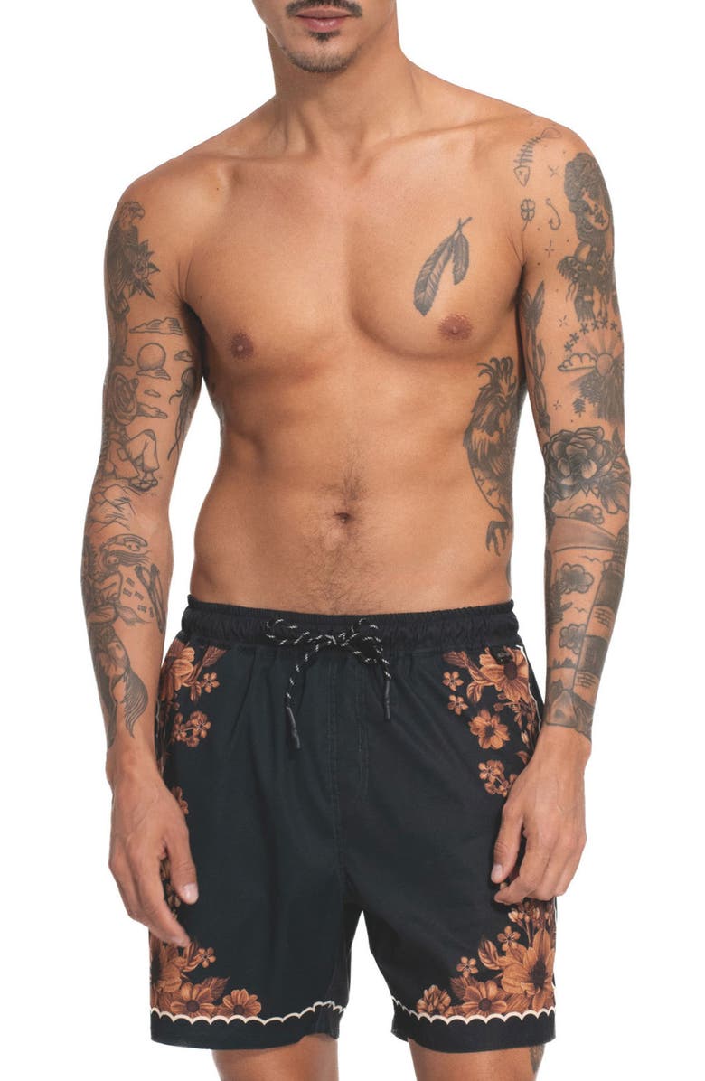 Agua Bendita Joe Swim Trunks, Main, color, Black Multi