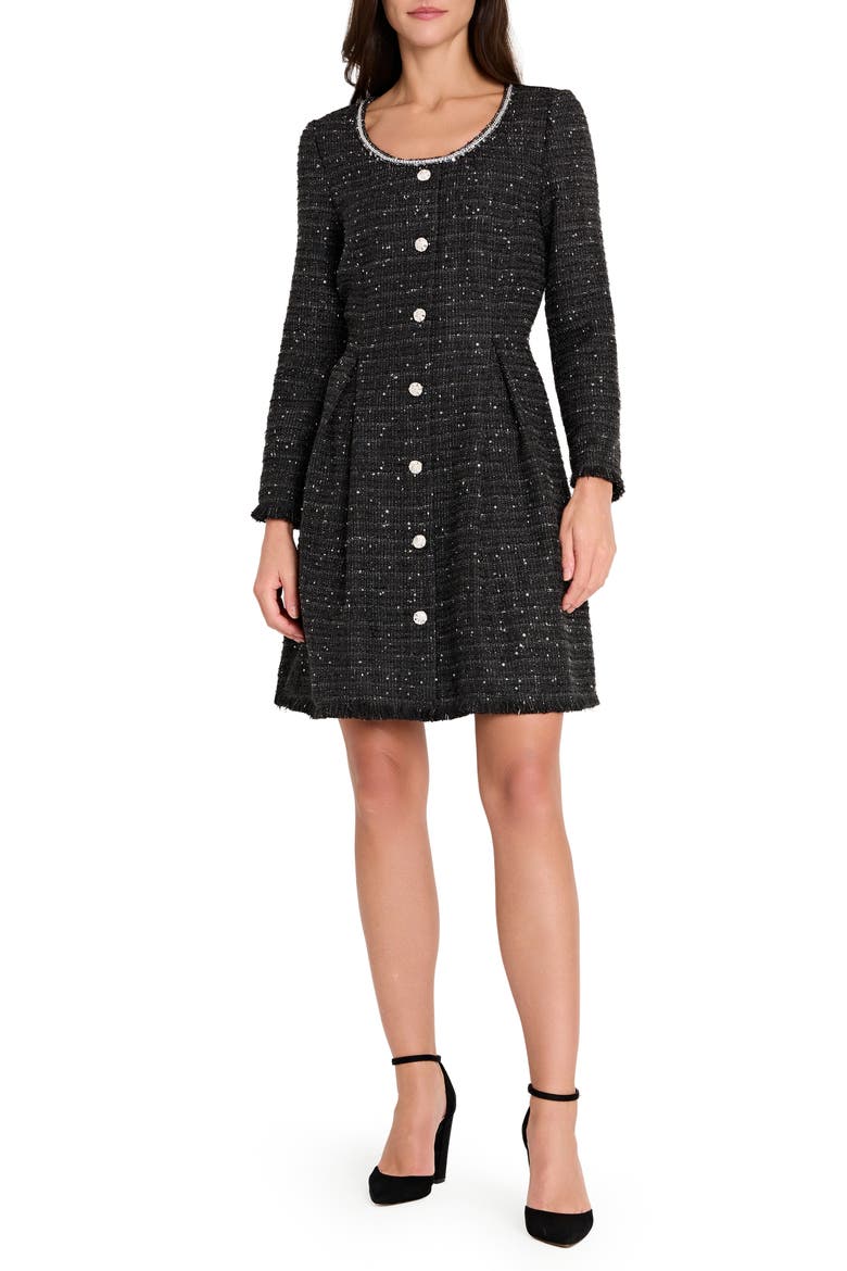 Metallic Tweed Long Sleeve Dress, Main, color, BLACK
