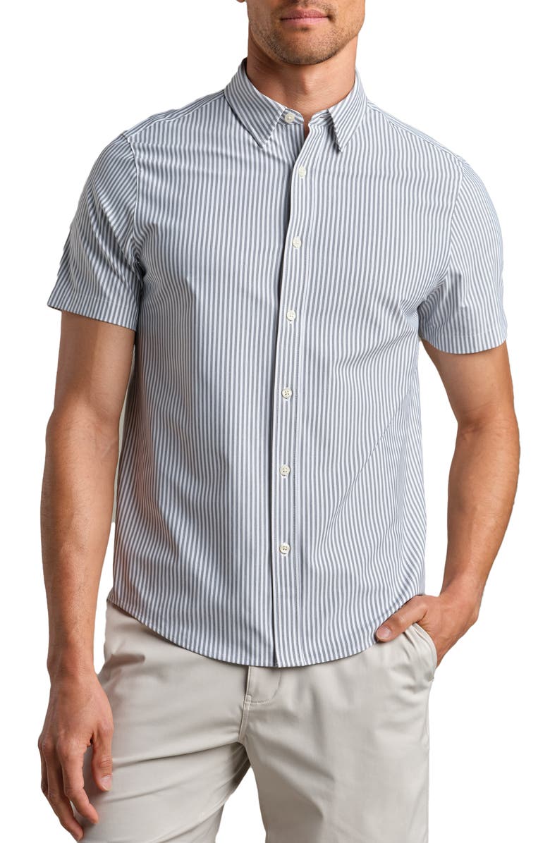 Rhone Commuter Short Sleeve Performance Button-Down Shirt, Main, color, Gray Stone Wide Stripe
