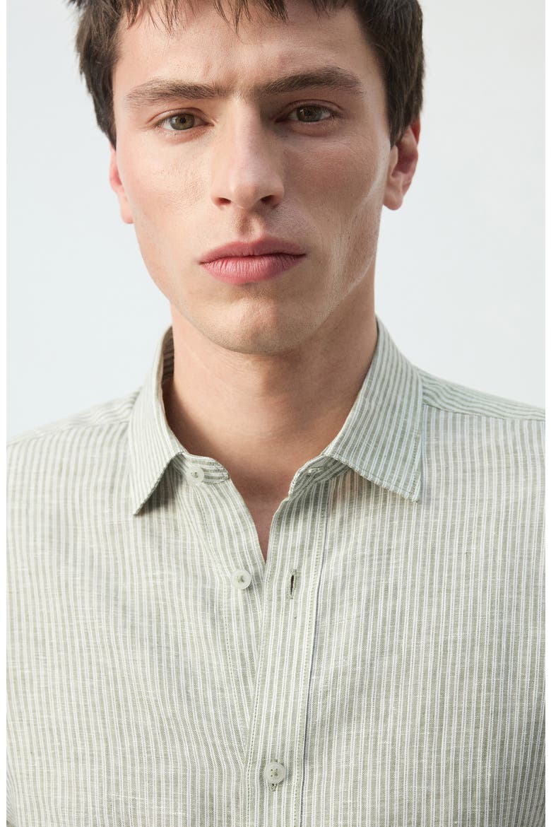 Stripe Slub Linen Button-Up Shirt, Alternate, color, KHAKI GREEN