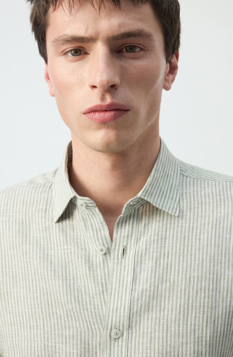 MANGO Stripe Slub Linen Button-Up Shirt, Alternate, color, Khaki Green