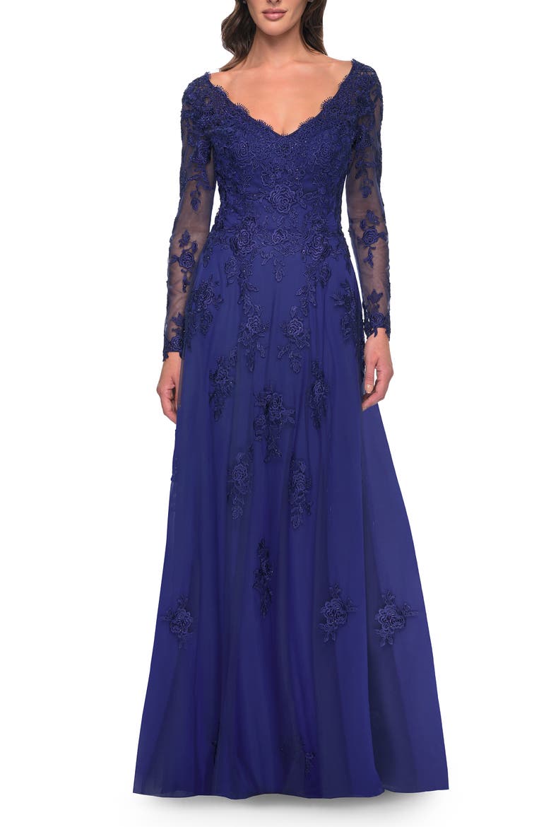 Long Sleeve Lace and Tulle Dress with V Neckline, Main, color, Marine Blue