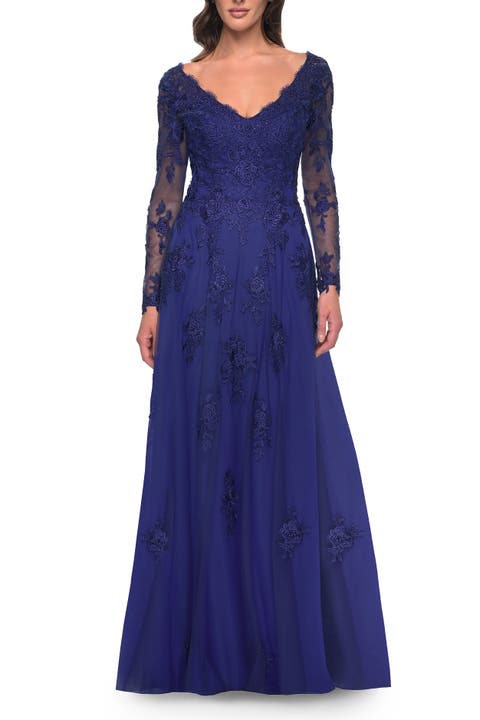 Long Sleeve Lace and Tulle Dress with V Neckline