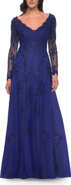 La Femme Long Sleeve Lace and Tulle Dress with V Neckline
