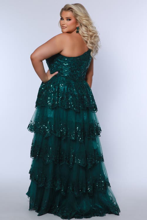 Sydney's Closet One-shoulder Tiered Plus Size A-line Gown In Forest