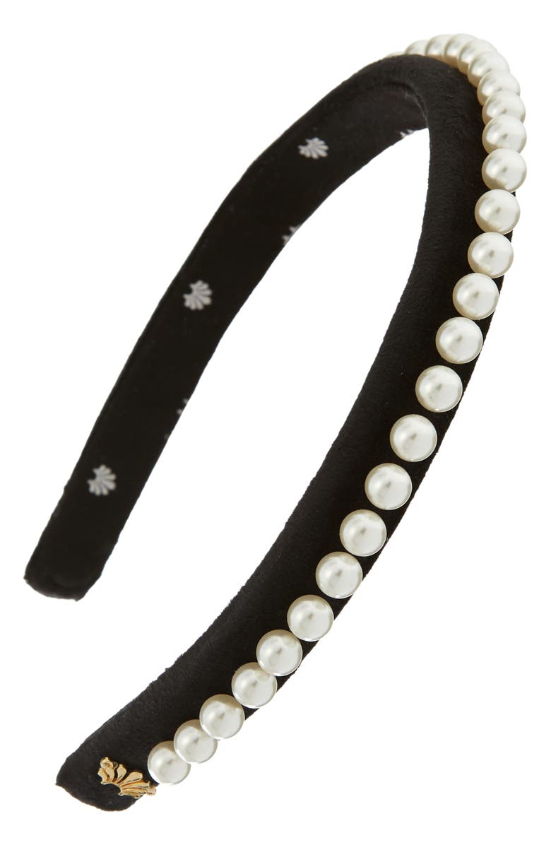 Lele Sadoughi Imitation Pearl Velvet Headband, Main, color,