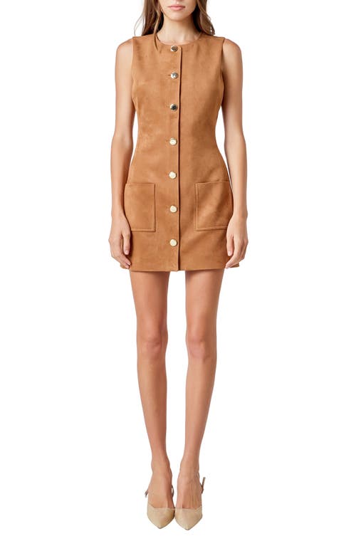Endless Rose Faux Suede Round Neck Buttoned Mini Dress Camel In Brown