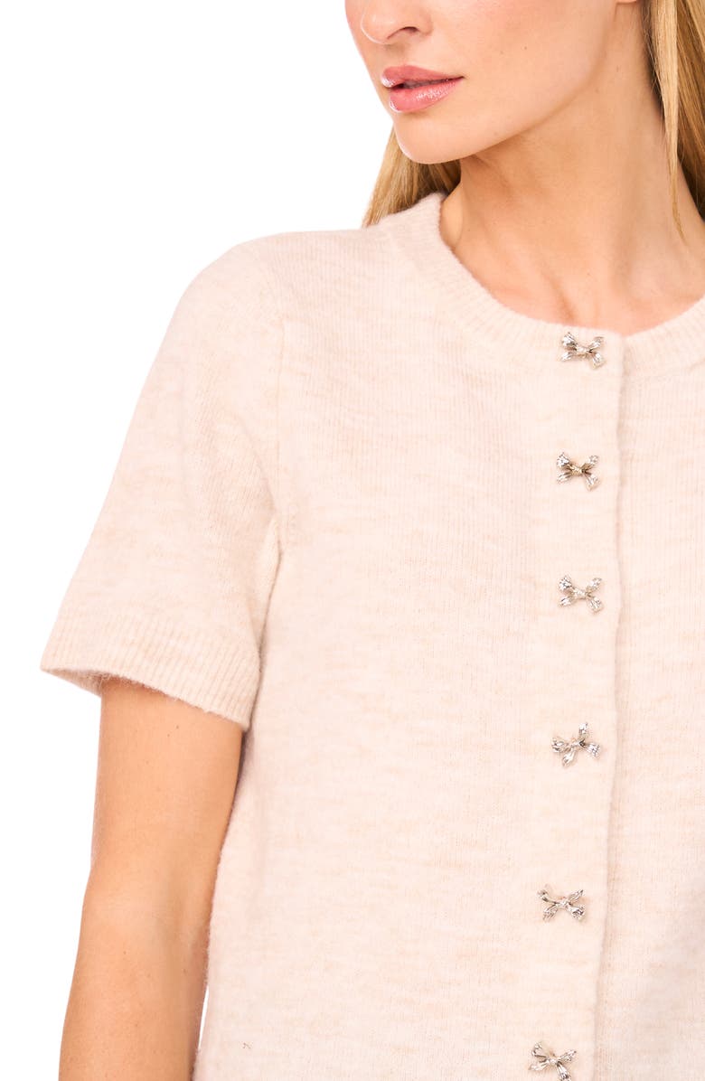 CeCe Short Sleeve Bow Button Cardigan, Alternate, color, Malted