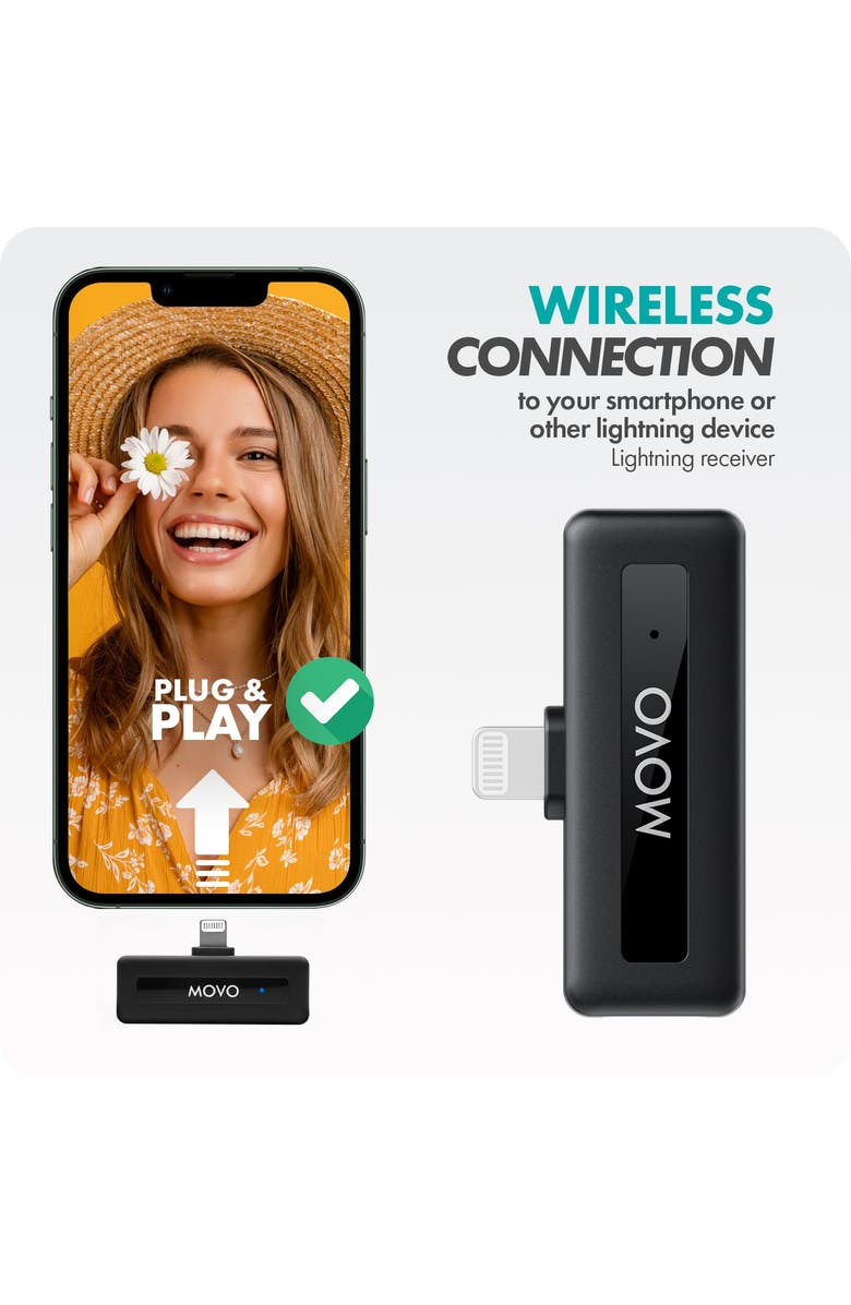 MOVO WM-VXR10 Wireless Shotgun Mic Adapter for iPhone/Lightning Devices - Compatible VXR10, VXR10-PRO and Rode VideoMicro, Alternate, color, Black