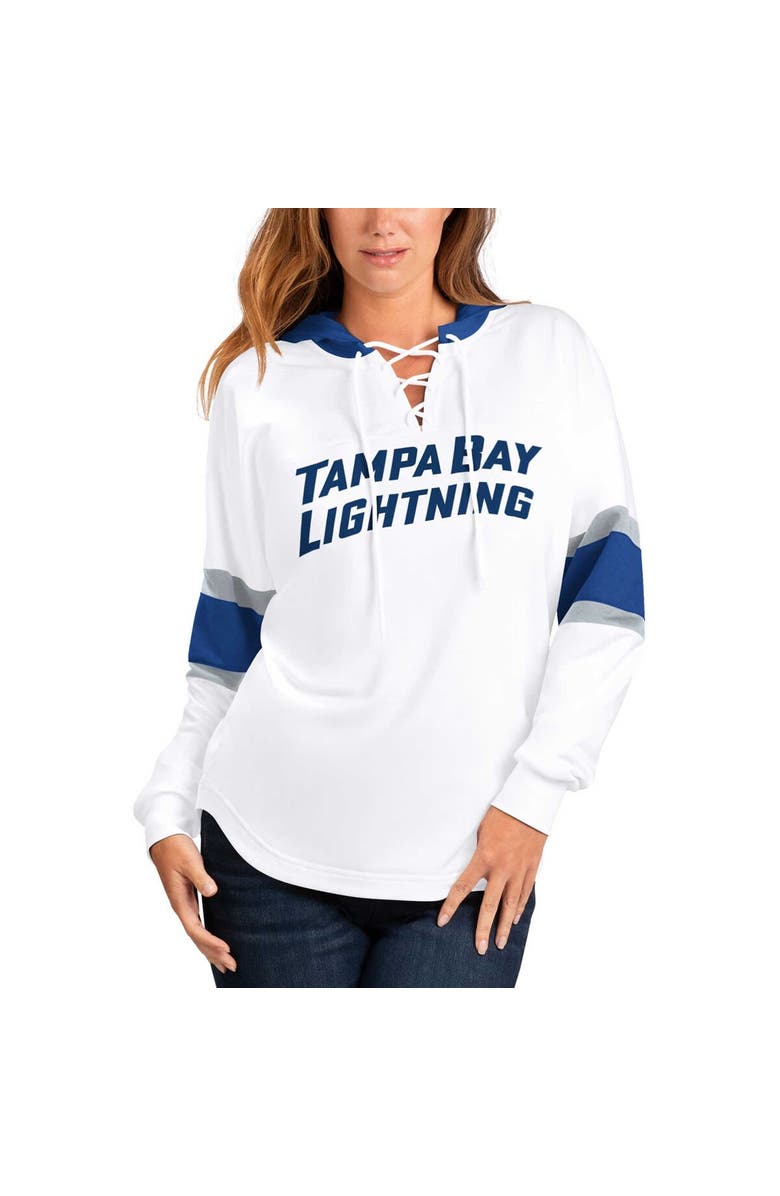 G-III 4HER BY CARL BANKS Women's G-III 4Her by Carl Banks White/Blue Tampa Bay Lightning Goal Zone Long Sleeve Lace-Up Hoodie T-Shirt, Main, color, White