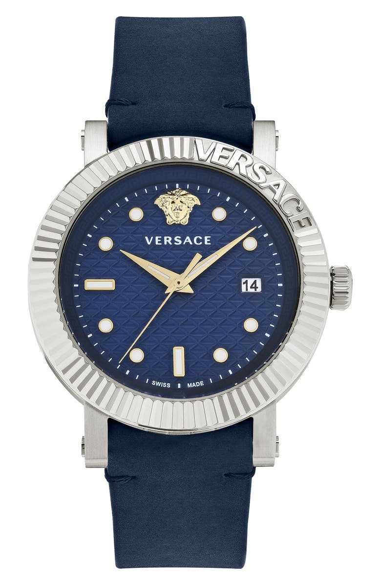 Versace V-Classic Swiss Quartz Leather Strap Watch, 42mm, Main, color, 