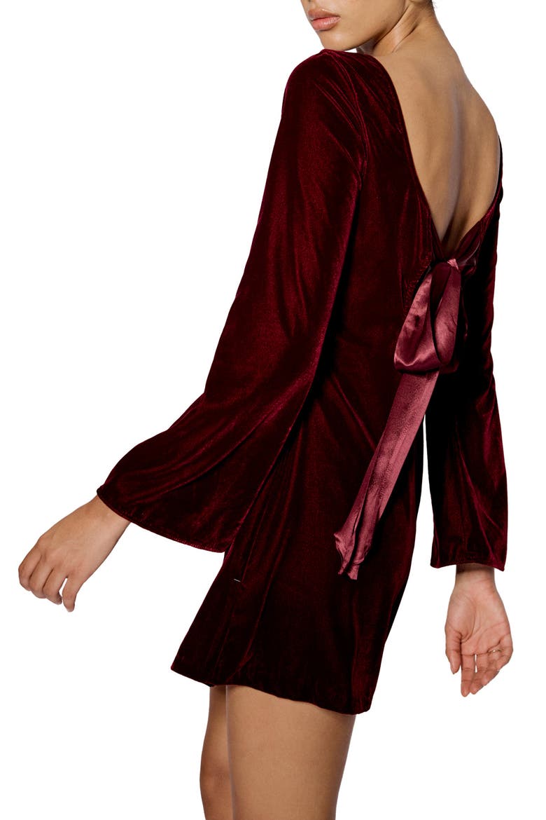 Joelle Bow Back Long Sleeve Velvet Minidress, Alternate, color, DARK RED