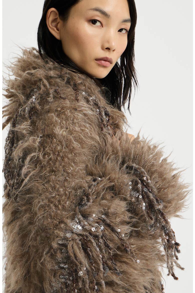 Dazzling moss embroidery long cardigan in mohair and wool, Alternate, color, Light Brown
