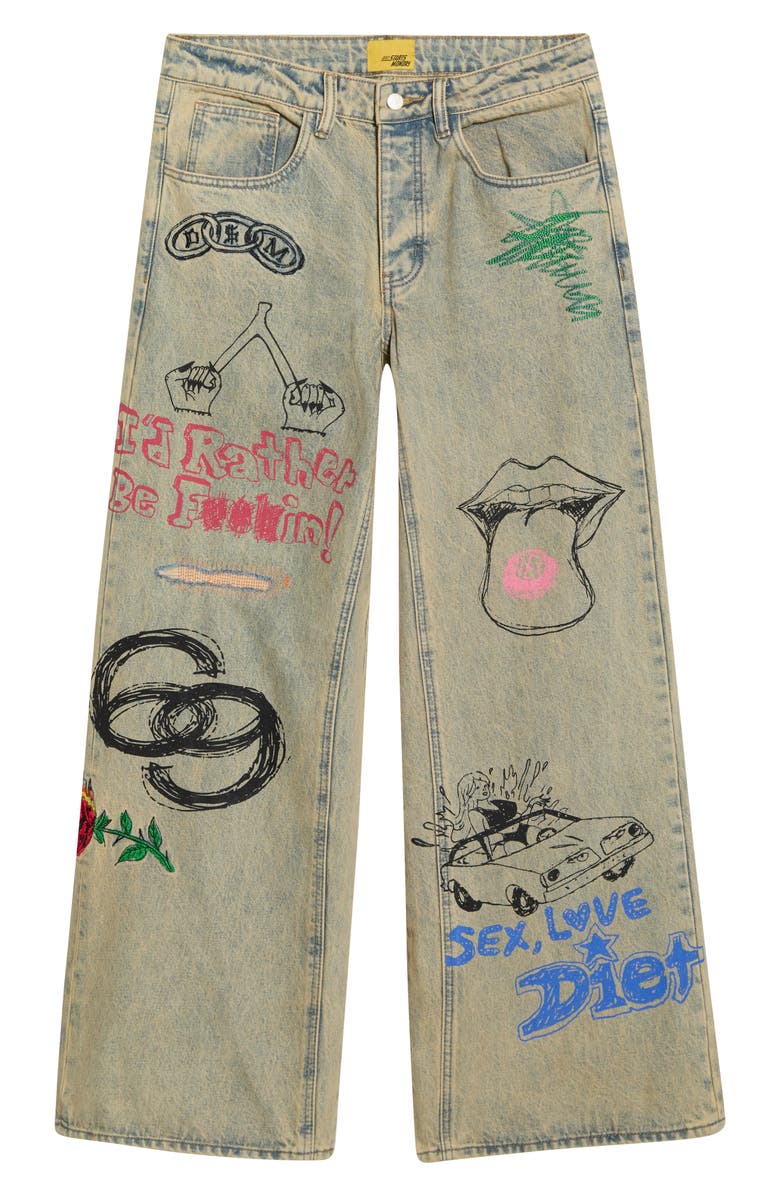DIET STARTS MONDAY Doodle Distressed Wide Leg Jeans, Alternate, color, Sand