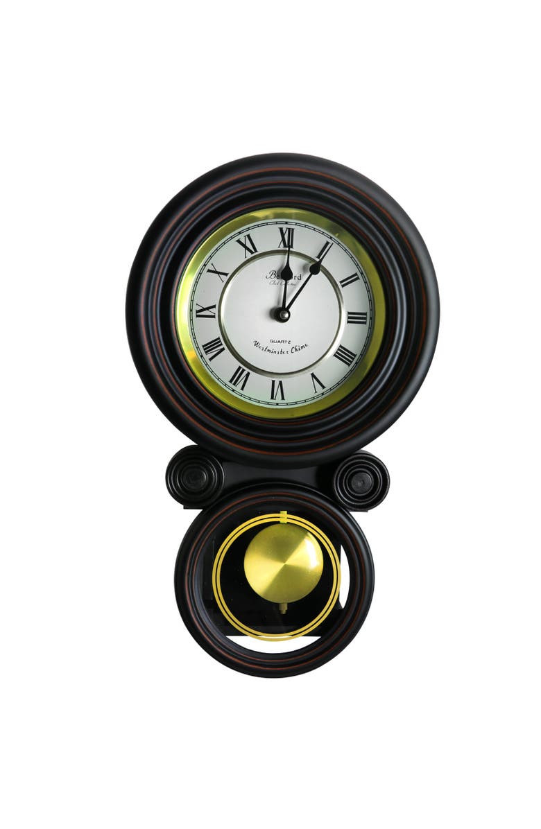 Bedford Clock Collection 16.5in Contemporary Round Wall Clock with Pendulum, Alternate, color, Black