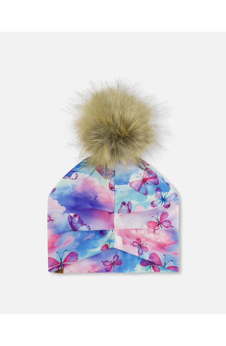 Deux par Deux Baby Girl's Printed Jersey Detachable Pompom Hat Butterflies On Multicolored Background, Alternate, color, 