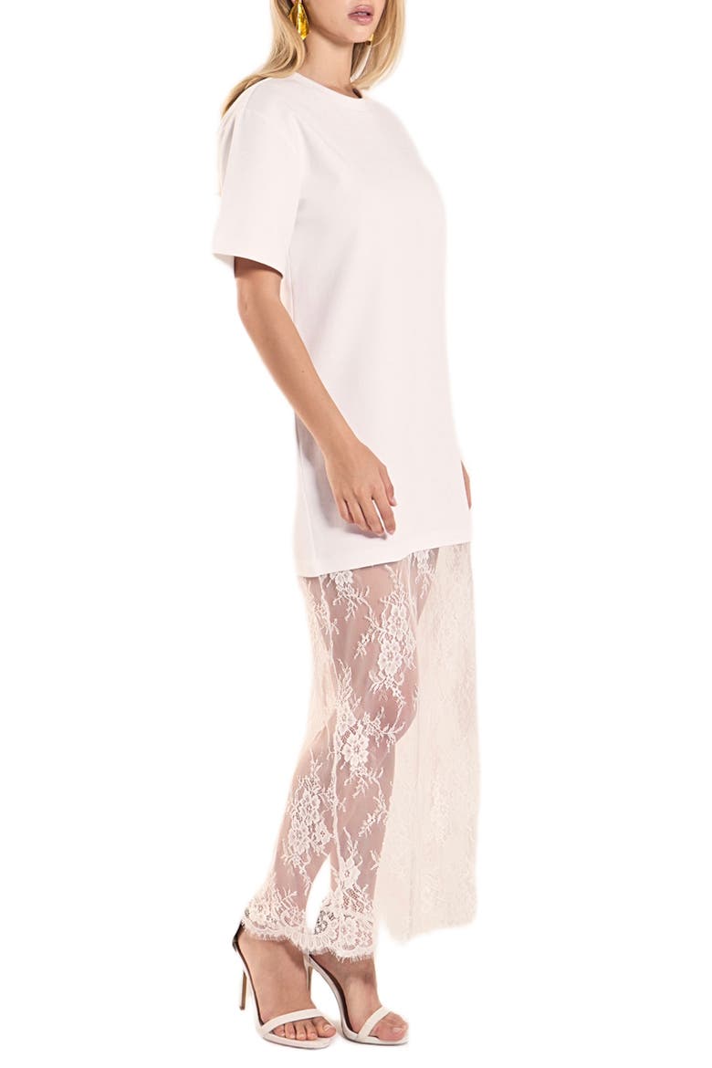 Mixed Media Cotton Knit & Lace T-Shirt Dress, Alternate, color, WHITE