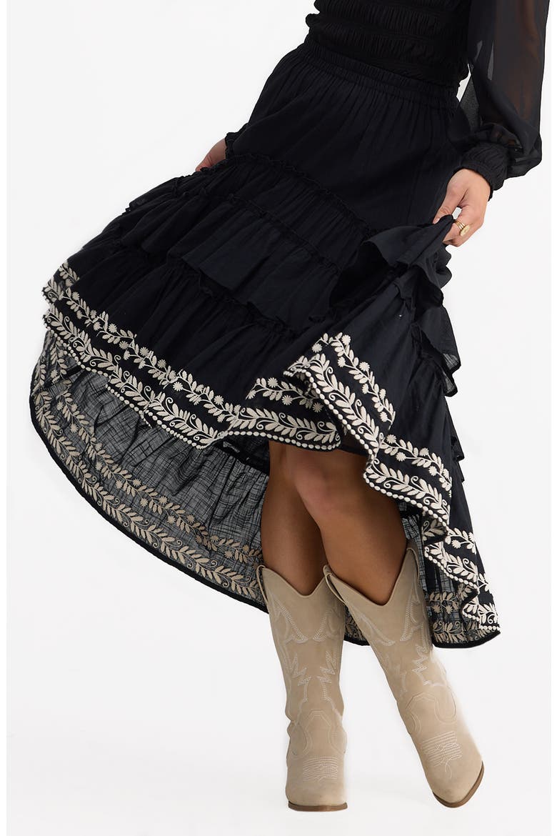 Sassy Tiered Ruffle Embroidered High-Low Skirt, Alternate, color, BLACK W OFF WHITE
