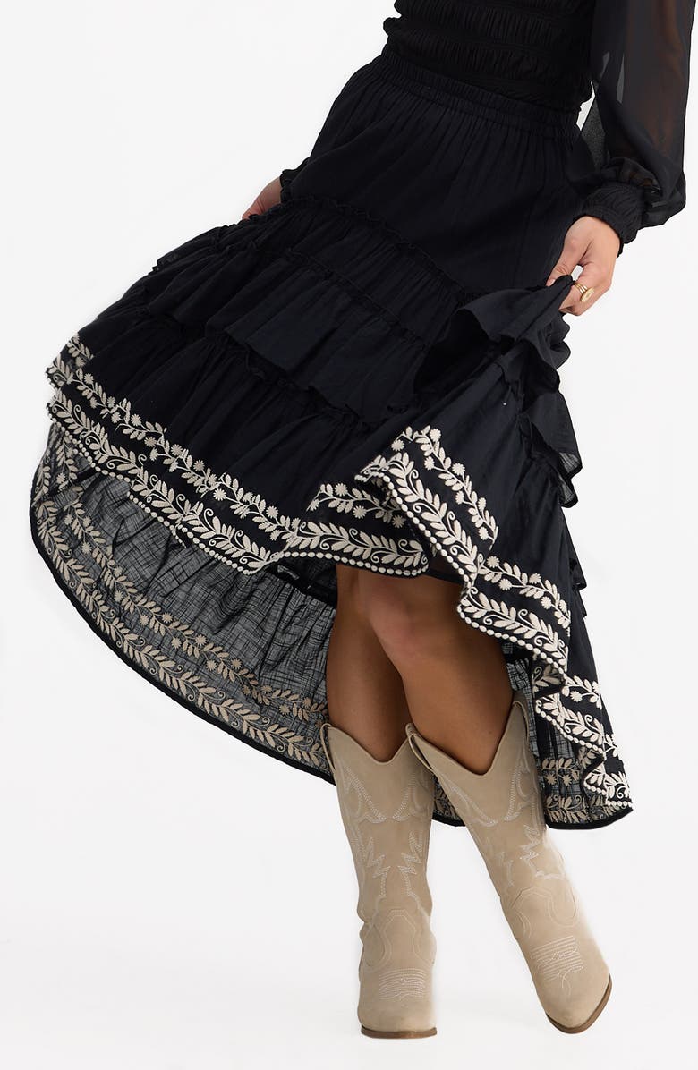 Talisman the Label Sassy Tiered Ruffle Embroidered High-Low Skirt, Alternate, color, Black W Off White